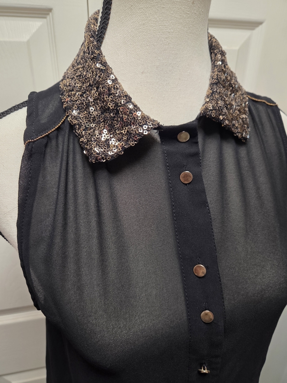 Sweewe Paris Sequin Collar Sheer Sleeveless High Low Blouse